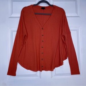 Out From Under UO Coral Orange Waffle Knit Button Front V Neck Top Size XS